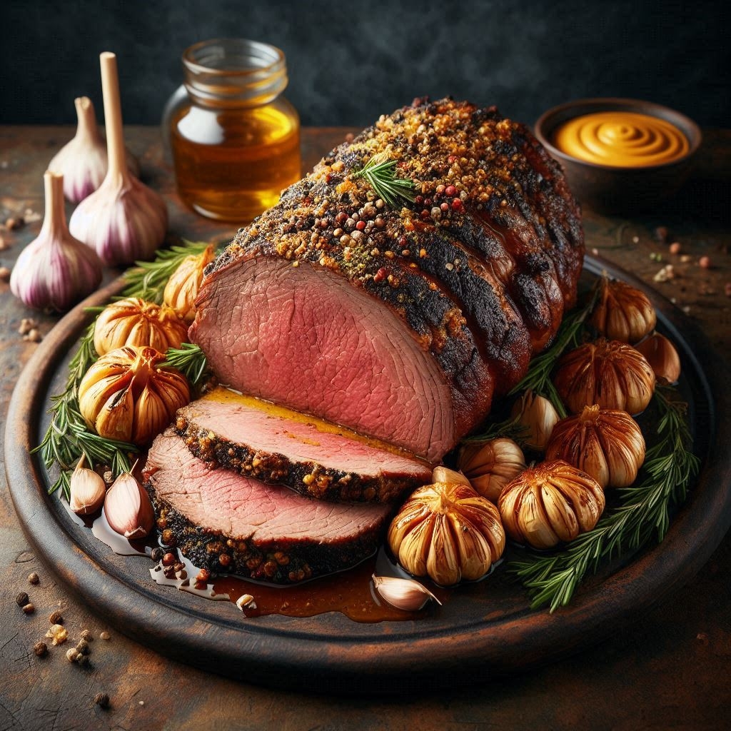 Mustard and Stuffed Garlic Roast Beef